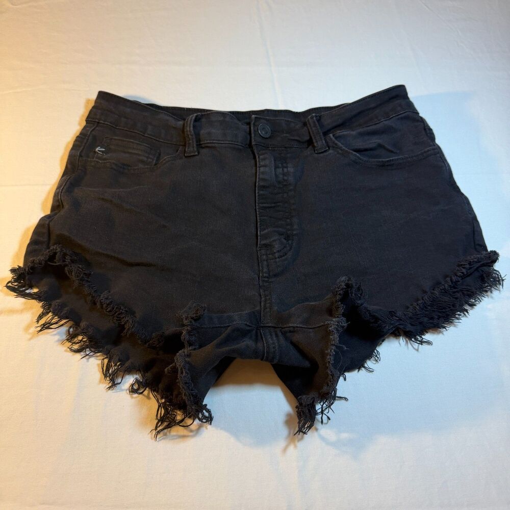 RanCan 29 Women Black Denim Shorts High Rise Distressed Frayed Cut Off Hem